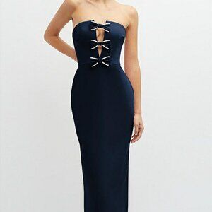 After Six Strapless Navy Blue Column Gown with Bow Accents